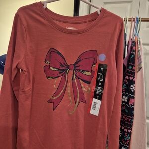 GIRLS RED BOW LONG SLEEVE COTTON SHIRT SIZE 6 Small